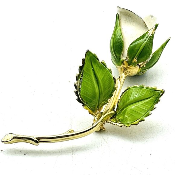 Signed Giovanni Enamel Rose Brooch White Bud with Green Leaves Gold Tone - Picture 1 of 7